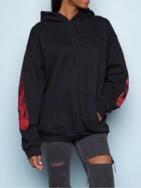 Brandy Melville Black Hoodie with Flame Sleeve Graphics